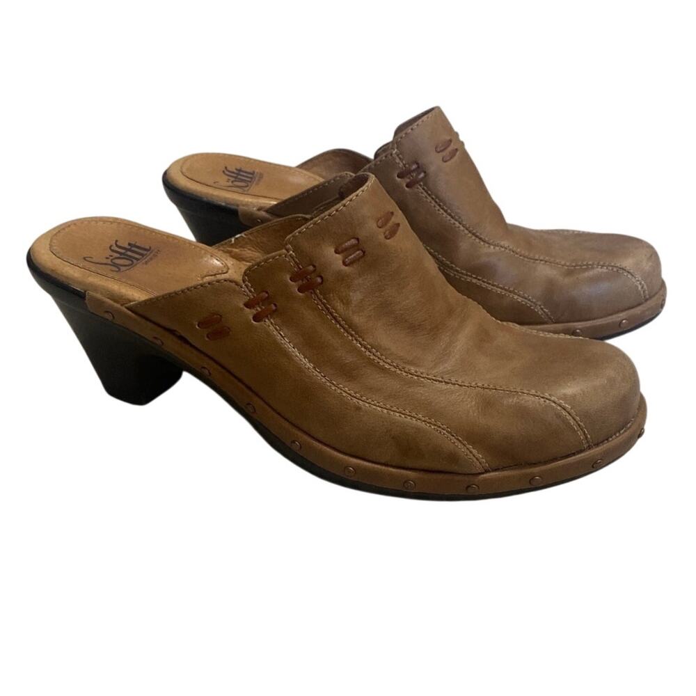 Vintage Sofft Langston Studded Leather Clogs 7M Brown Blanket Stitch Mules Y2K